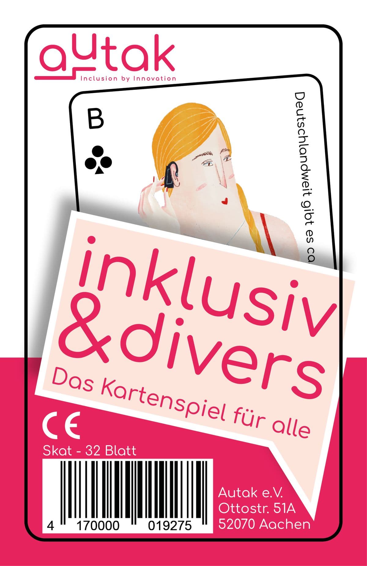 Das Autak-Kartenspiel „Inklusiv & divers“ in der Verpackung.