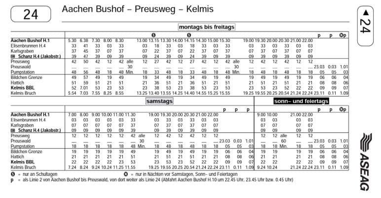 Ausschnitt eines gedruckten Fahrplans mit engen Spalten.
